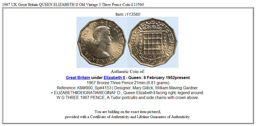 1967 UK Great Britain QUEEN ELIZABETH II Old Vintage 3 Three Pence Coin i113560