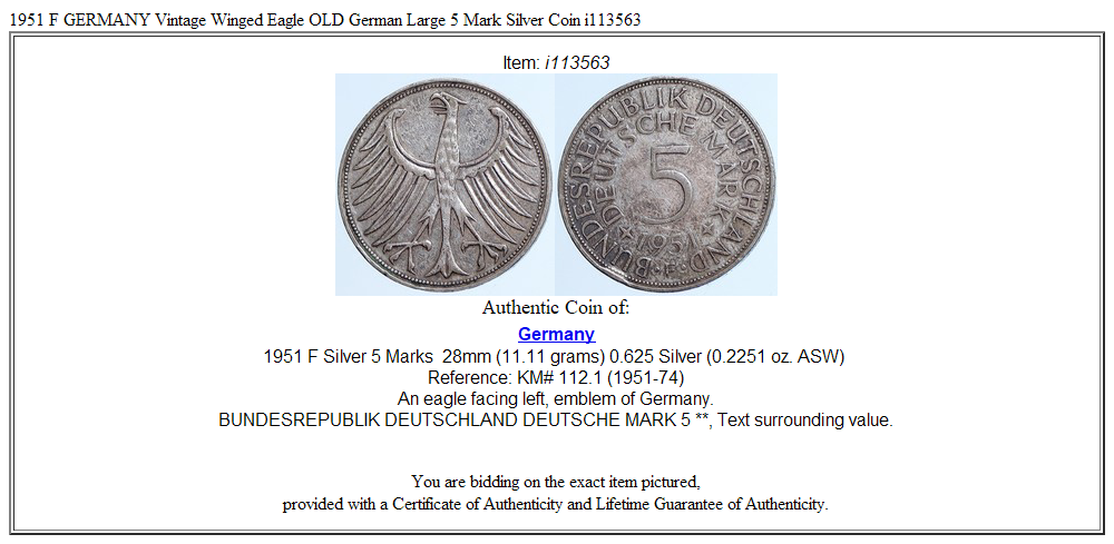 1951 F GERMANY Vintage Winged Eagle OLD German Large 5 Mark Silver Coin i113563