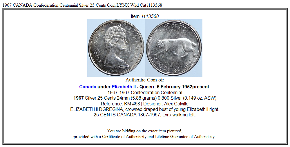 1967 CANADA Confederation Centennial Silver 25 Cents Coin LYNX Wild Cat i113568