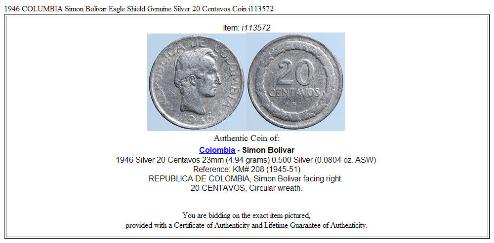 1946 COLUMBIA Simon Bolivar Eagle Shield Genuine Silver 20 Centavos Coin i113572