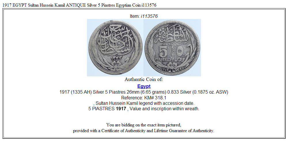 1917 EGYPT Sultan Hussein Kamil ANTIQUE Silver 5 Piastres Egyptian Coin i113576