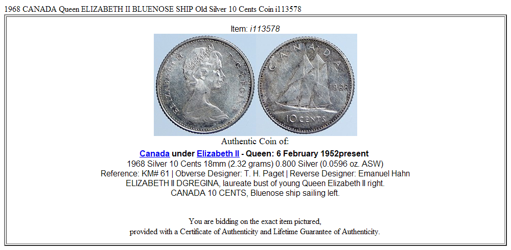 1968 CANADA Queen ELIZABETH II BLUENOSE SHIP Old Silver 10 Cents Coin i113578