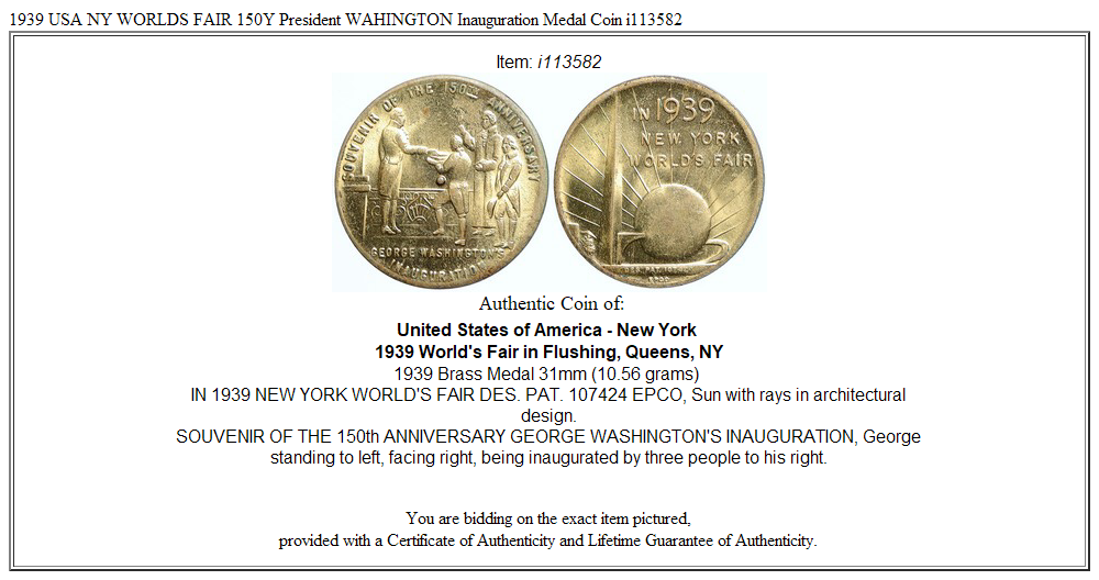 1939 USA NY WORLDS FAIR 150Y President WAHINGTON Inauguration Medal Coin i113582