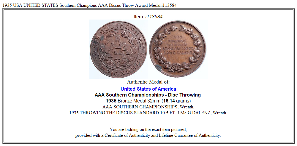 1935 USA UNITED STATES Southern Champions AAA Discus Throw Award Medal i113584