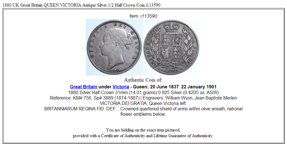 1880 UK Great Britain QUEEN VICTORIA Antique Silver 1/2 Half Crown Coin i113590