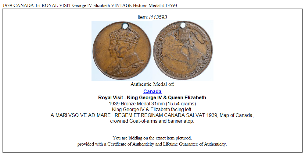 1939 CANADA 1st ROYAL VISIT George IV Elizabeth VINTAGE Historic Medal i113593