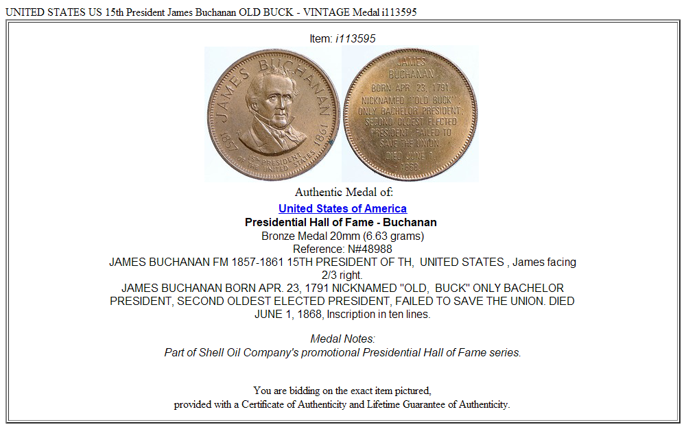 UNITED STATES US 15th President James Buchanan OLD BUCK - VINTAGE Medal i113595