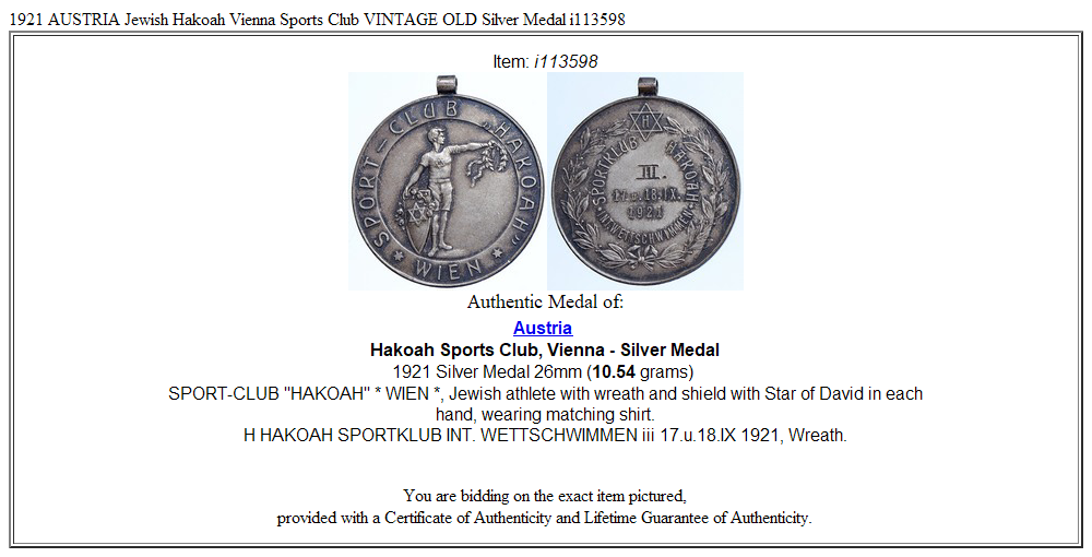 1921 AUSTRIA Jewish Hakoah Vienna Sports Club VINTAGE OLD Silver Medal i113598