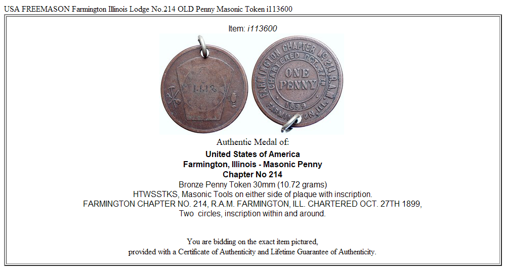 USA FREEMASON Farmington Illinois Lodge No.214 OLD Penny Masonic Token i113600