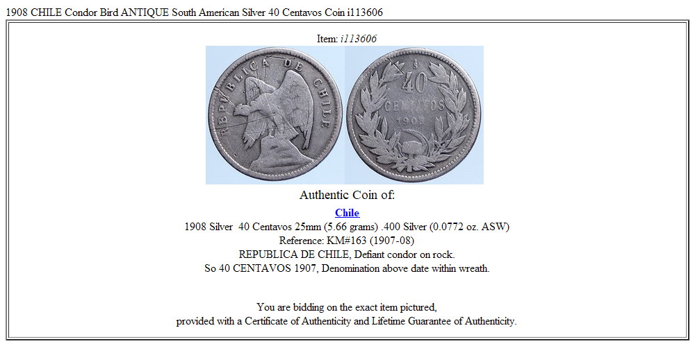 1908 CHILE Condor Bird ANTIQUE South American Silver 40 Centavos Coin i113606