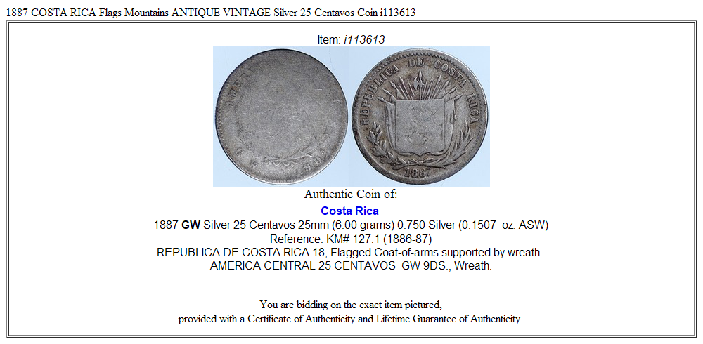 1887 COSTA RICA Flags Mountains ANTIQUE VINTAGE Silver 25 Centavos Coin i113613