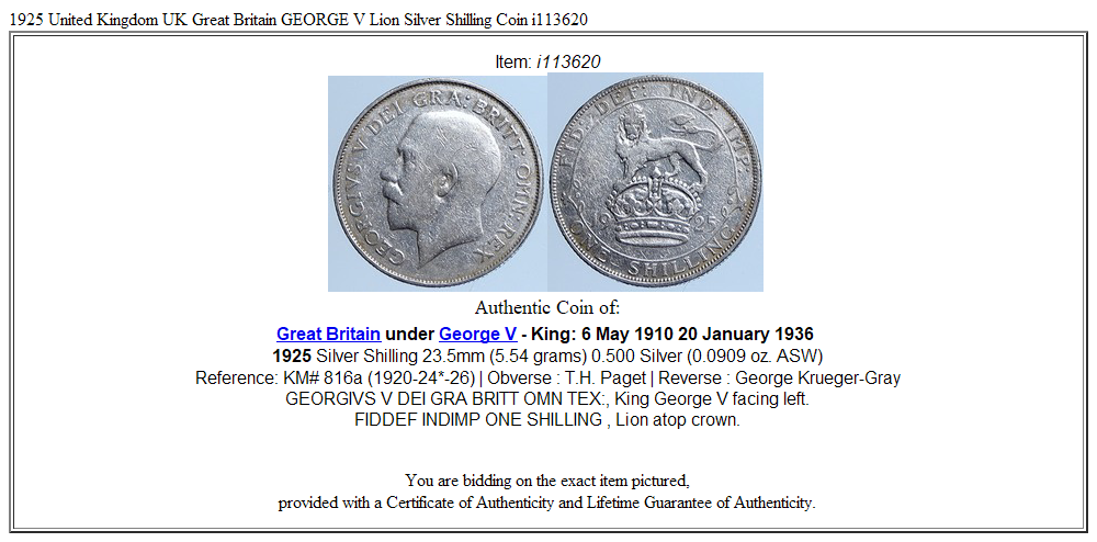 1925 United Kingdom UK Great Britain GEORGE V Lion Silver Shilling Coin i113620