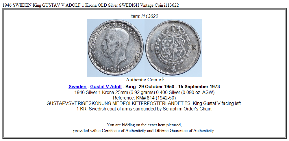 1946 SWEDEN King GUSTAV V ADOLF 1 Krona OLD Silver SWEDISH Vintage Coin i113622