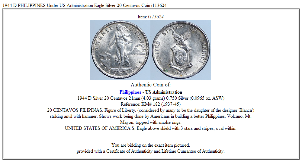 1944 D PHILIPPINES Under US Administration Eagle Silver 20 Centavos Coin i113624