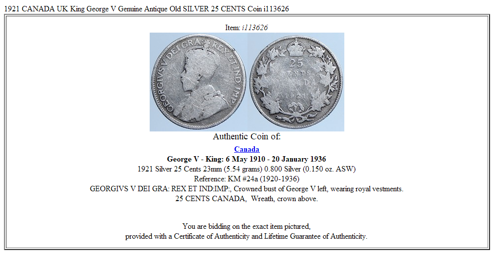 1921 CANADA UK King George V Genuine Antique Old SILVER 25 CENTS Coin i113626