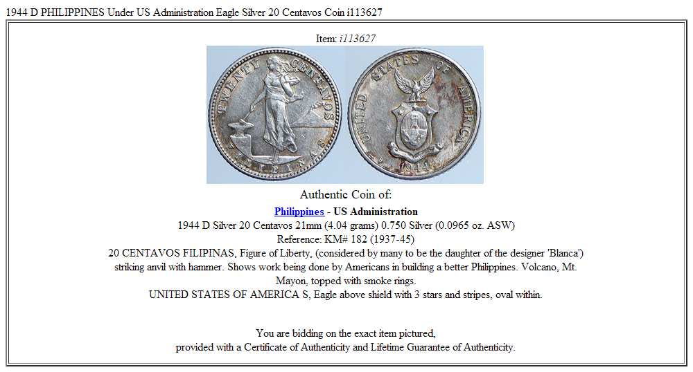 1944 D PHILIPPINES Under US Administration Eagle Silver 20 Centavos Coin i113627