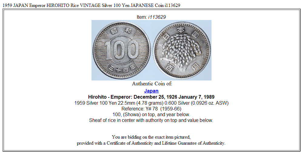 1959 JAPAN Emperor HIROHITO Rice VINTAGE Silver 100 Yen JAPANESE Coin i113629