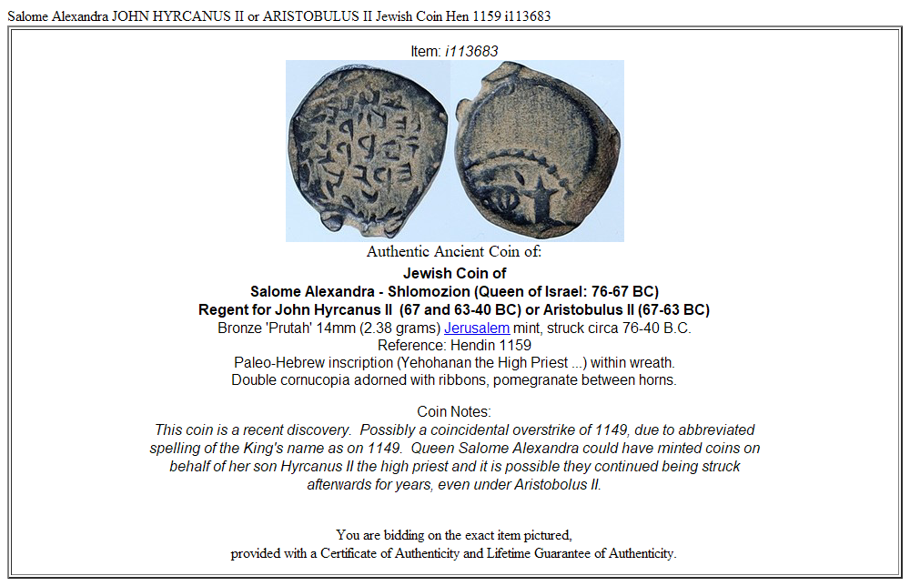 Salome Alexandra JOHN HYRCANUS II or ARISTOBULUS II Jewish Coin Hen 1159 i113683