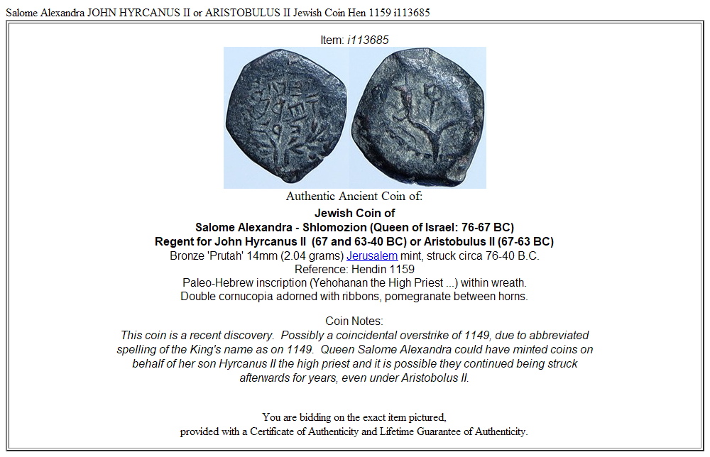 Salome Alexandra JOHN HYRCANUS II or ARISTOBULUS II Jewish Coin Hen 1159 i113685