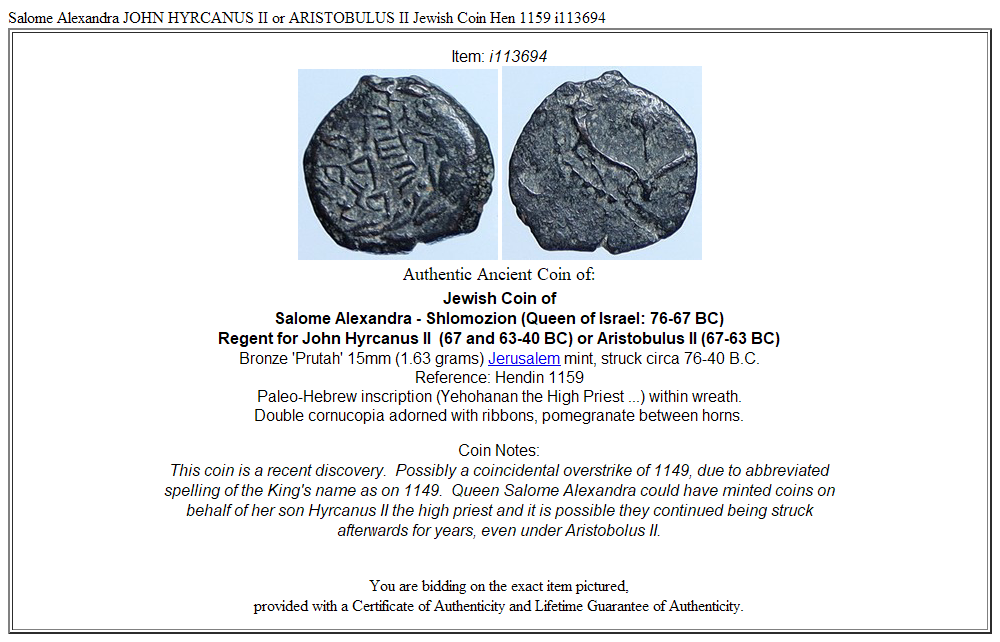 Salome Alexandra JOHN HYRCANUS II or ARISTOBULUS II Jewish Coin Hen 1159 i113694