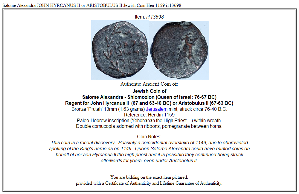 Salome Alexandra JOHN HYRCANUS II or ARISTOBULUS II Jewish Coin Hen 1159 i113698