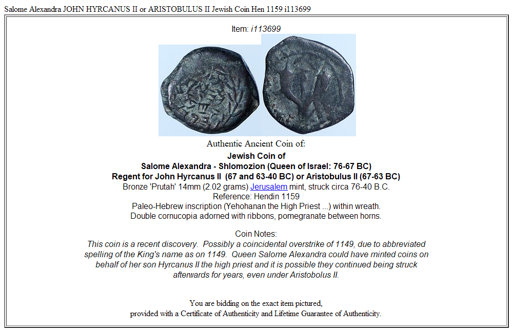 Salome Alexandra JOHN HYRCANUS II or ARISTOBULUS II Jewish Coin Hen 1159 i113699