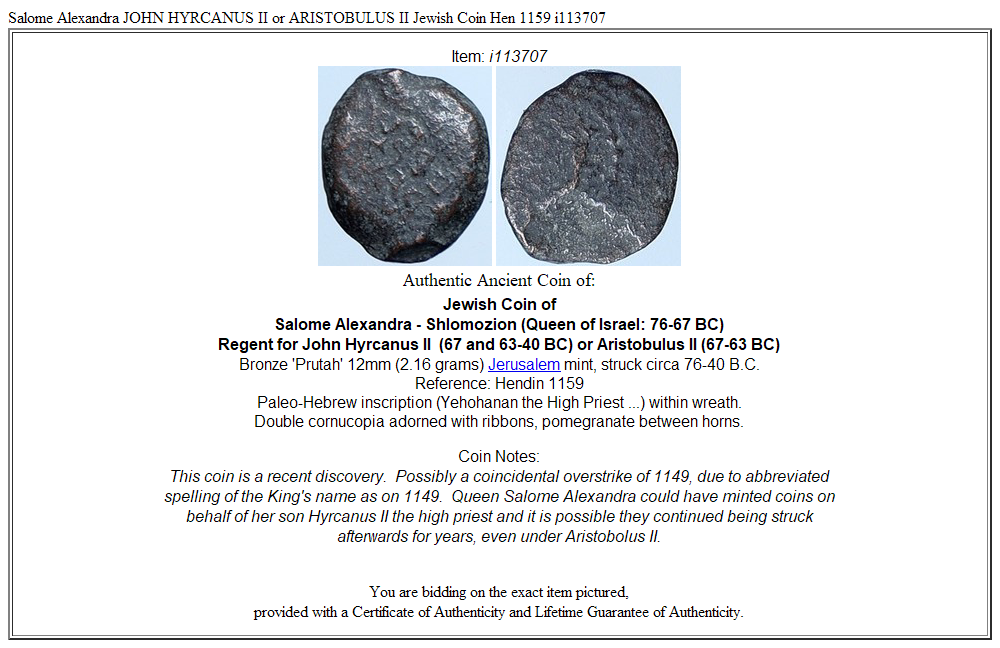 Salome Alexandra JOHN HYRCANUS II or ARISTOBULUS II Jewish Coin Hen 1159 i113707