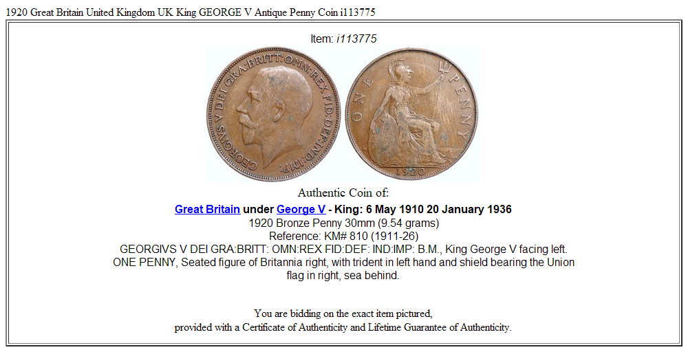 1920 Great Britain United Kingdom UK King GEORGE V Antique Penny Coin i113775