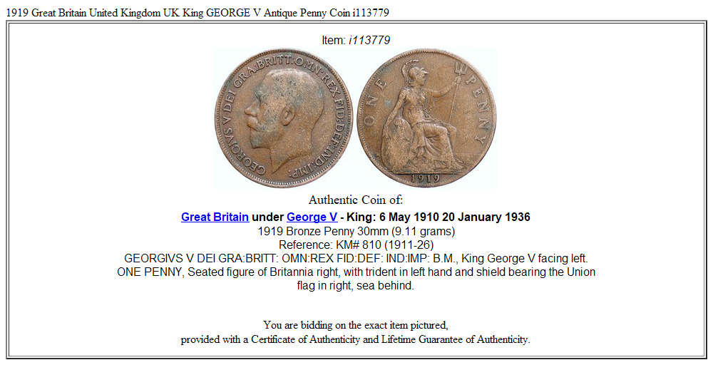 1919 Great Britain United Kingdom UK King GEORGE V Antique Penny Coin i113779