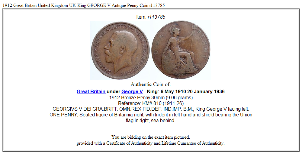 1912 Great Britain United Kingdom UK King GEORGE V Antique Penny Coin i113785