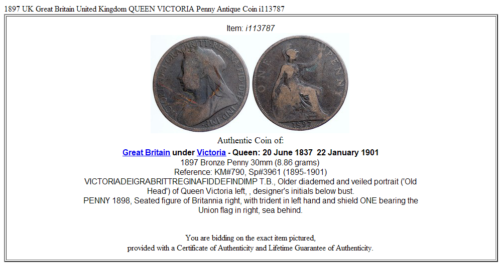 1897 UK Great Britain United Kingdom QUEEN VICTORIA Penny Antique Coin i113787