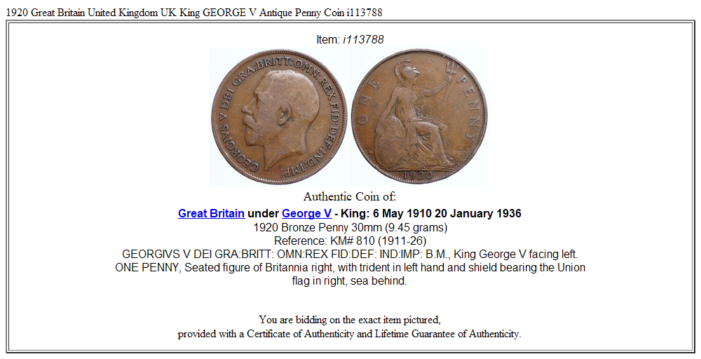 1920 Great Britain United Kingdom UK King GEORGE V Antique Penny Coin i113788