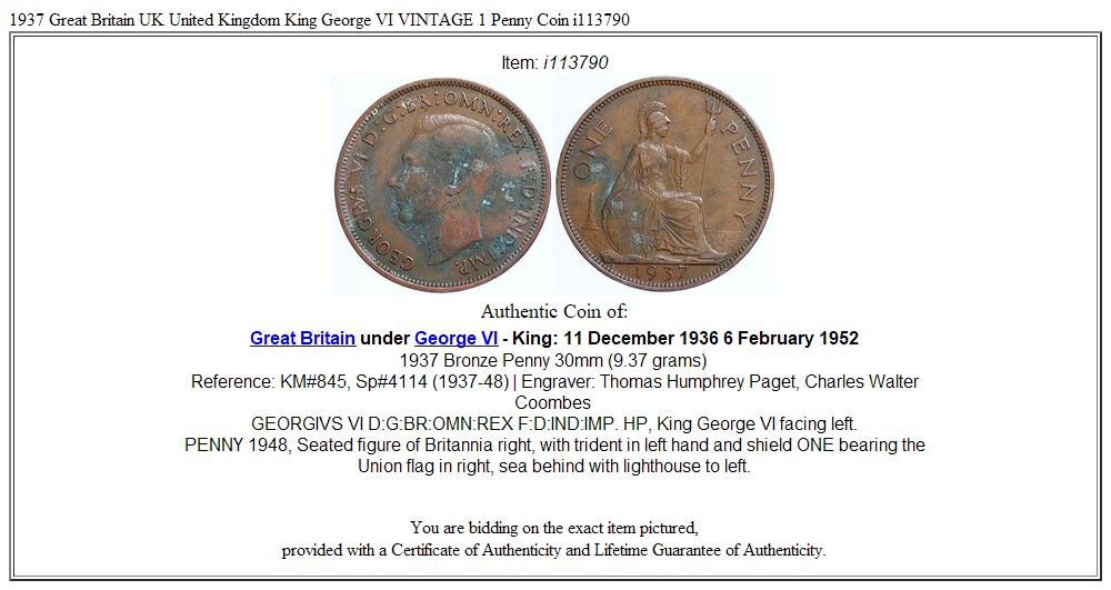 1937 Great Britain UK United Kingdom King George VI VINTAGE 1 Penny Coin i113790