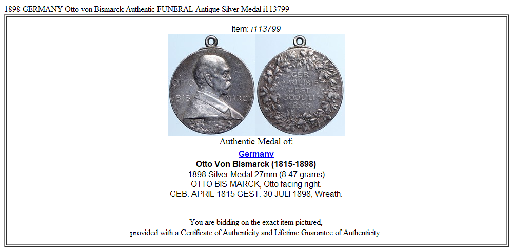 1898 GERMANY Otto von Bismarck Authentic FUNERAL Antique Silver Medal i113799