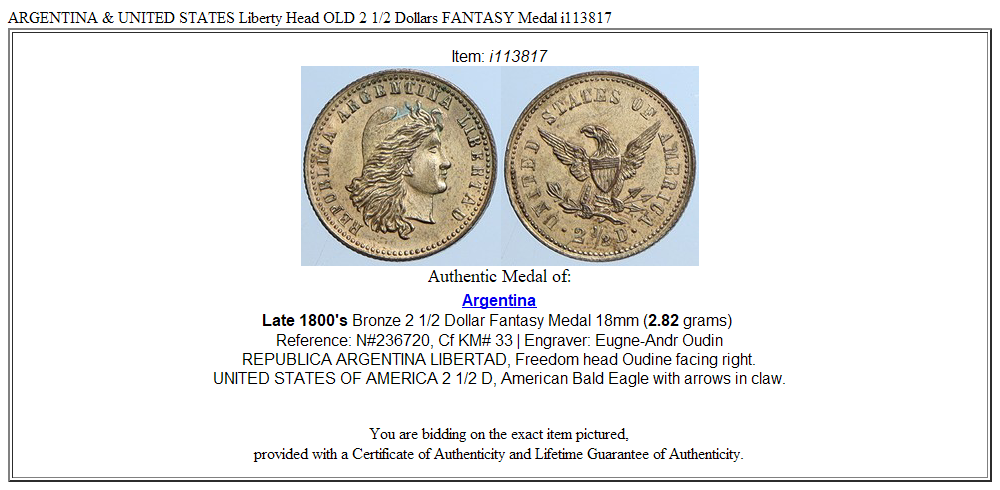 ARGENTINA & UNITED STATES Liberty Head OLD 2 1/2 Dollars FANTASY Medal i113817