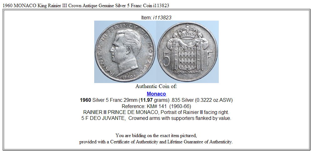 1960 MONACO King Rainier III Crown Antique Genuine Silver 5 Franc Coin i113823