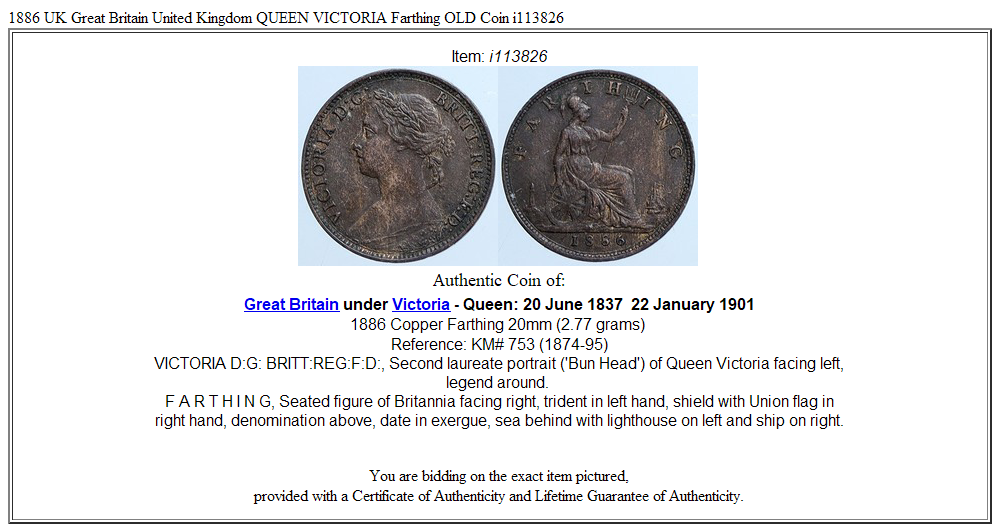 1886 UK Great Britain United Kingdom QUEEN VICTORIA Farthing OLD Coin i113826