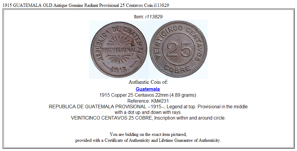 1915 GUATEMALA OLD Antique Genuine Radiant Provisional 25 Centavos Coin i113829