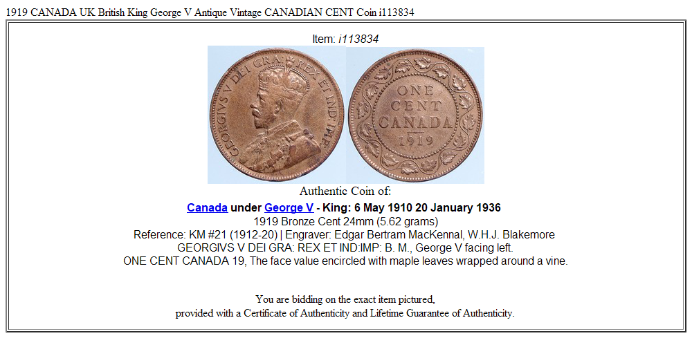 1919 CANADA UK British King George V Antique Vintage CANADIAN CENT Coin i113834