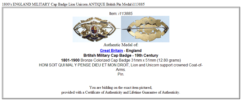 1800's ENGLAND MILITARY Cap Badge Lion Unicorn ANTIQUE British Pin Medal i113885