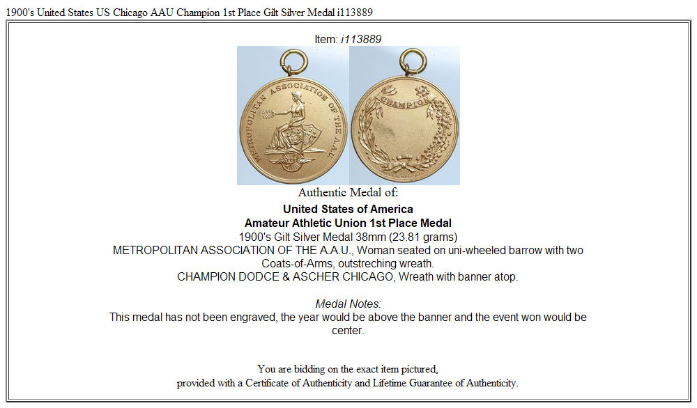 1900's United States US Chicago AAU Champion 1st Place Gilt Silver Medal i113889