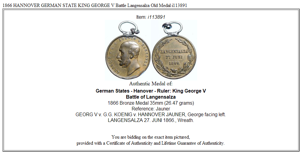 1866 HANNOVER GERMAN STATE KING GEORGE V Battle Langensalza Old Medal i113891