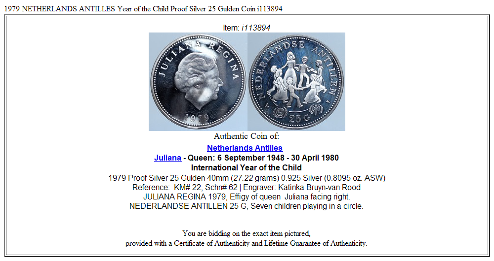 1979 NETHERLANDS ANTILLES Year of the Child Proof Silver 25 Gulden Coin i113894