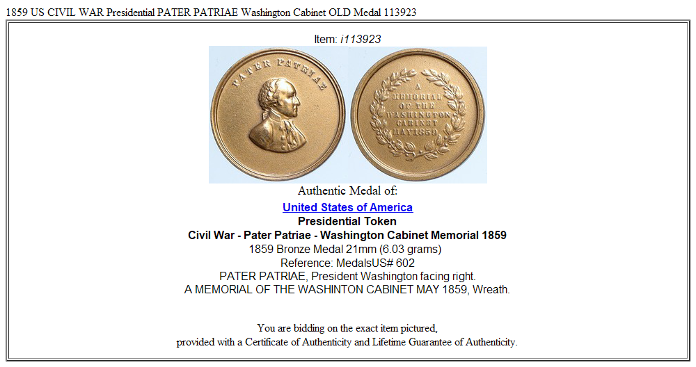 1859 US CIVIL WAR Presidential PATER PATRIAE Washington Cabinet OLD Medal 113923