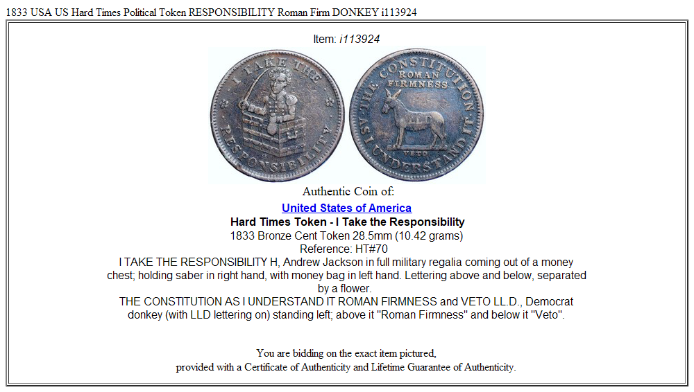 1833 USA US Hard Times Political Token RESPONSIBILITY Roman Firm DONKEY i113924