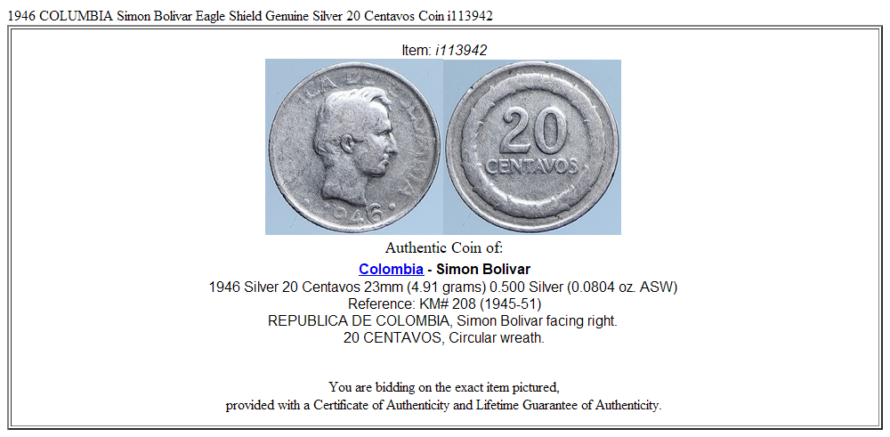 1946 COLUMBIA Simon Bolivar Eagle Shield Genuine Silver 20 Centavos Coin i113942