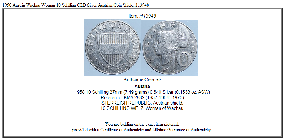 1958 Austria Wachau Woman 10 Schilling OLD Silver Austrian Coin Shield i113948