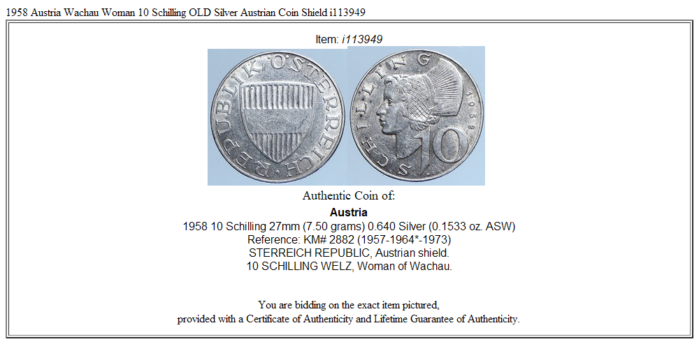 1958 Austria Wachau Woman 10 Schilling OLD Silver Austrian Coin Shield i113949