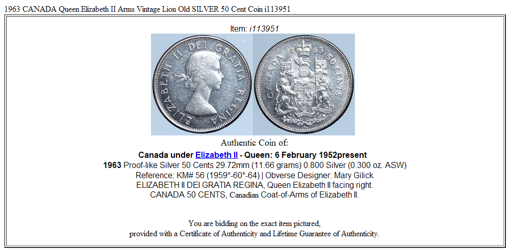 1963 CANADA Queen Elizabeth II Arms Vintage Lion Old SILVER 50 Cent Coin i113951