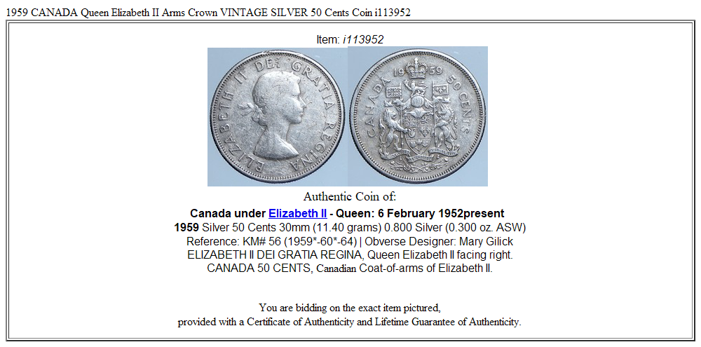 1959 CANADA Queen Elizabeth II Arms Crown VINTAGE SILVER 50 Cents Coin i113952